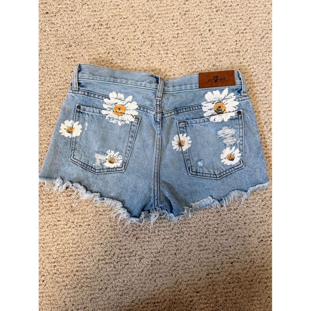 7 For All Mankind Destroy & Daisies Frayed Cutoff Denim Shorts Sz 28 Boho Y2K - Picture 3 of 11